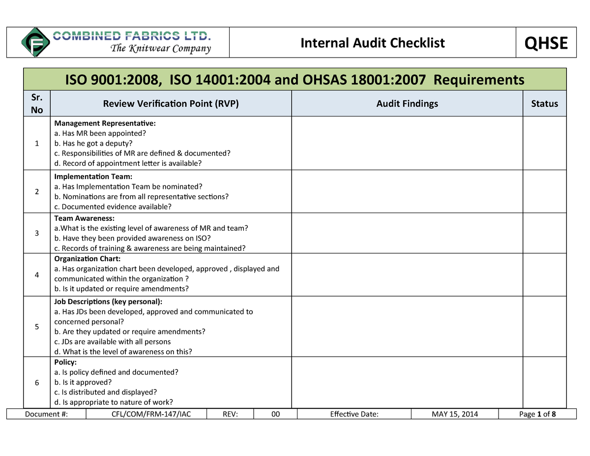 147. Internal Audit Checklist – – Studocu Throughout Iso 9001 Internal Audit Report Template