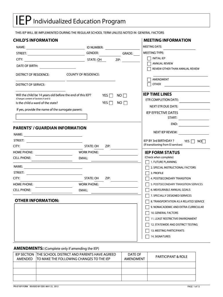 2012-2020 Form Oh Pr-07 Iep Fill Online, Printable, Fillable throughout Blank Iep Template 2012 2020 Form Oh Pr 07 Iep Fill Online, Printable, Fillable Throughout Blank Iep Template