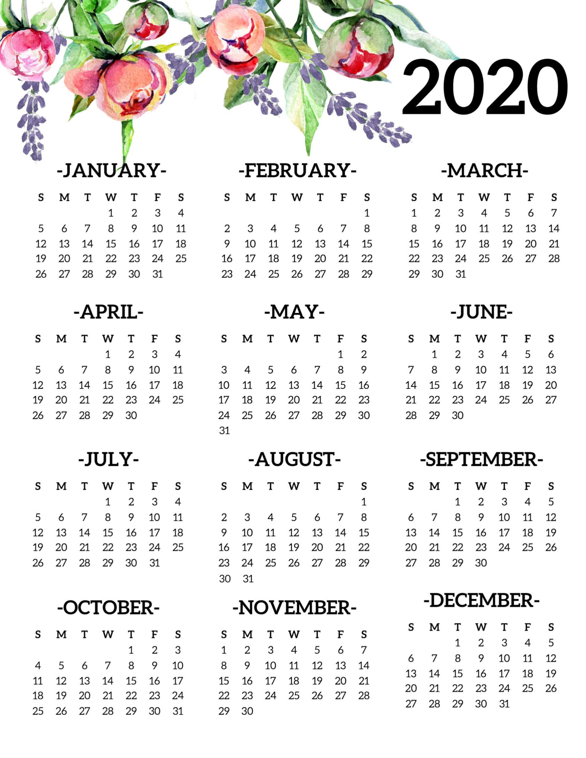 2020 Year At A Glance Printable Calendar – Calep.midnightpig.co Throughout Month At A Glance Blank Calendar Template