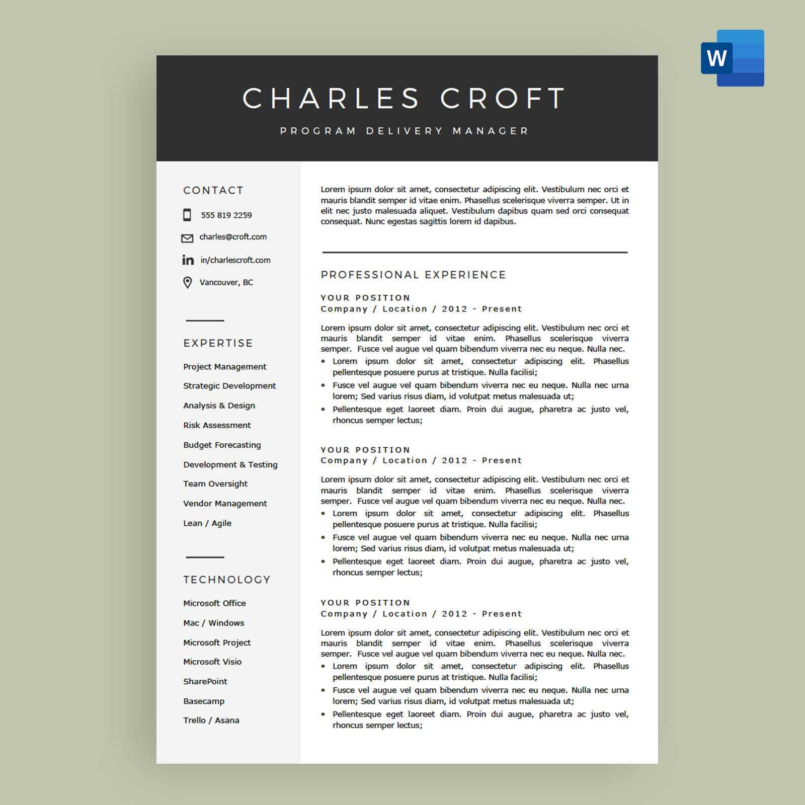 4 Page Resume / Cv Template Package For Microsoft™ Word - The 'charlie' For How To Get A Resume Template On Word