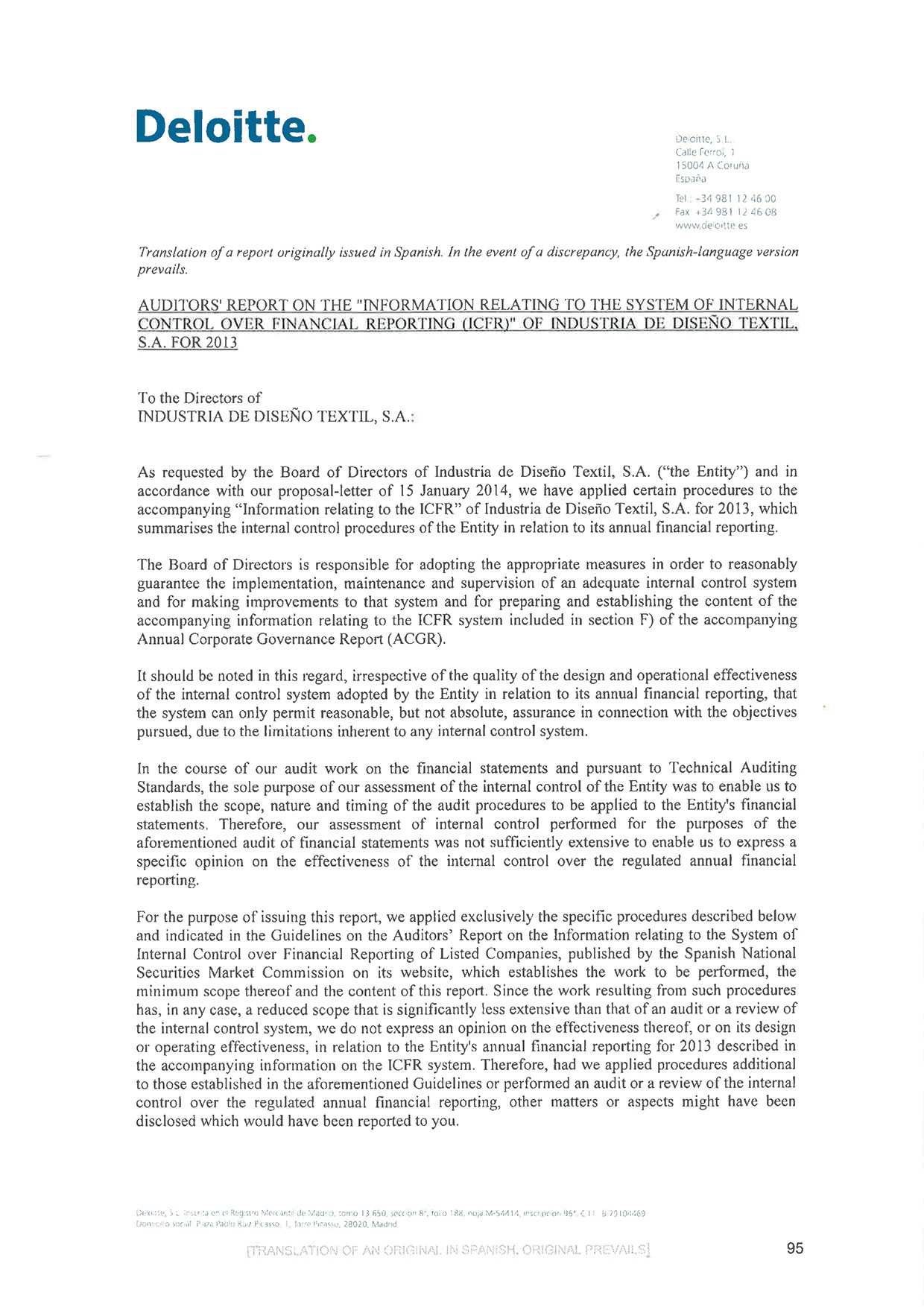 6. Report Of The External Auditor | Annual Report 2013 | Inditex Within Internal Control Audit Report Template