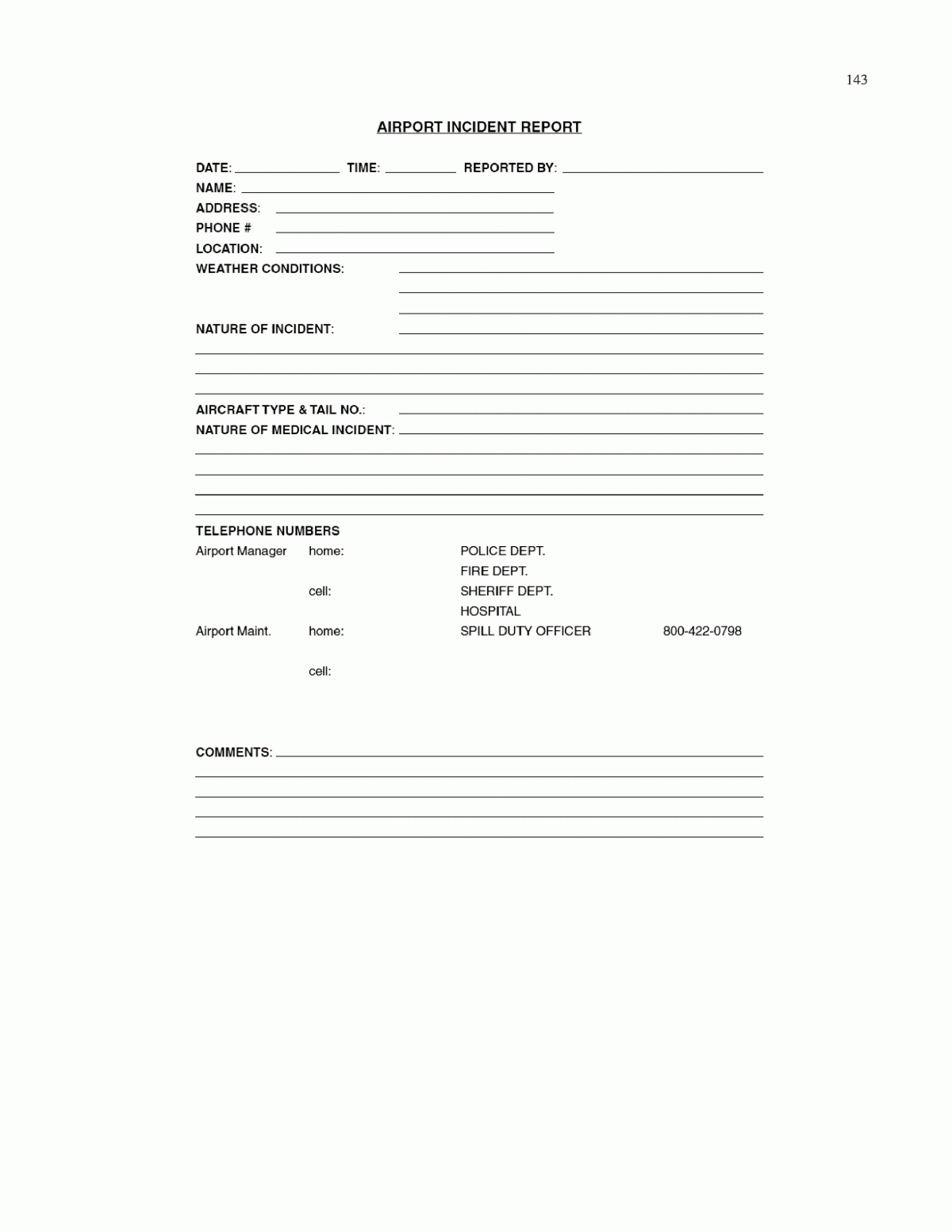 Appendix M – Sample Airport Incident Report Form For Spill In Incident Report Book Template