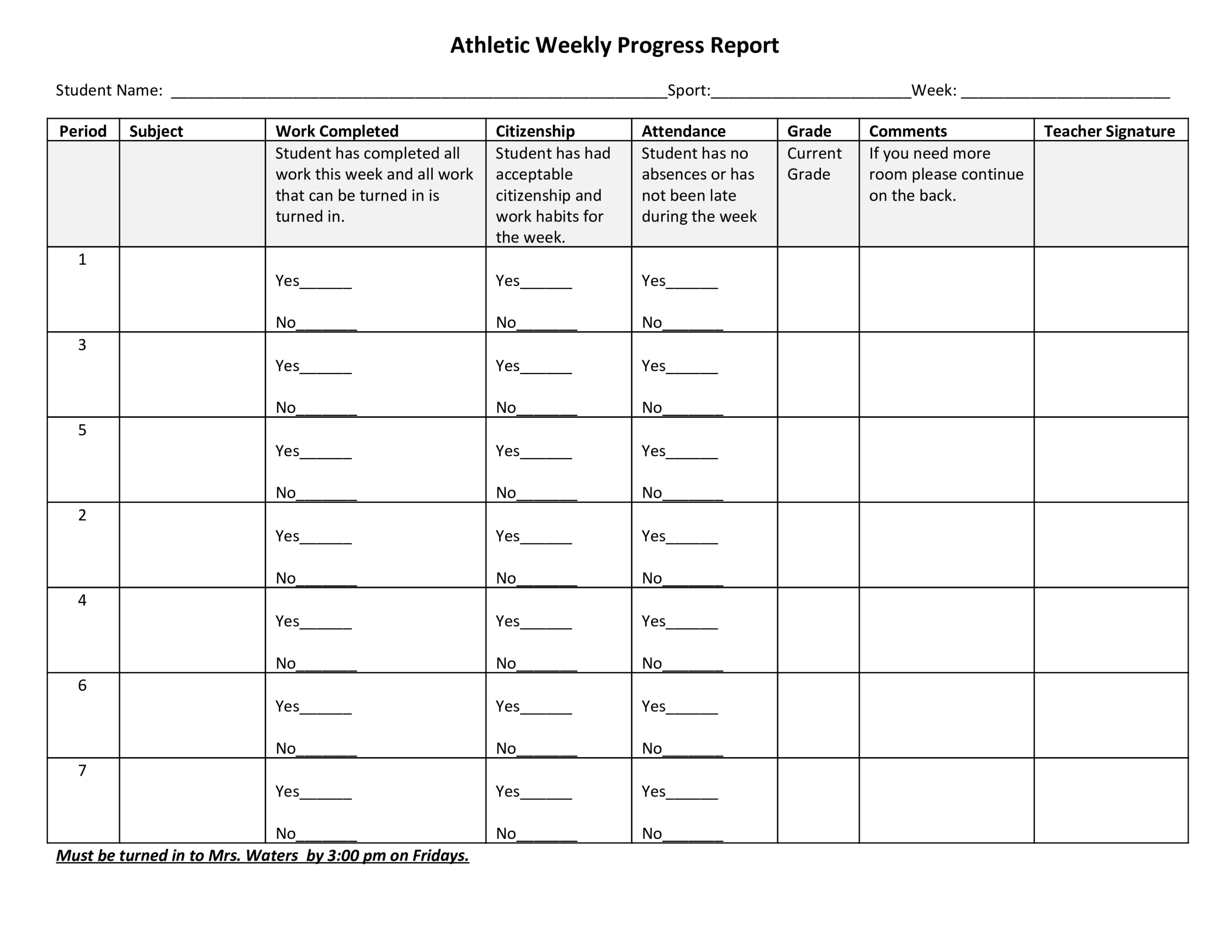 Athletic Weekly Progress Report | Templates At Pertaining To Student Grade Report Template