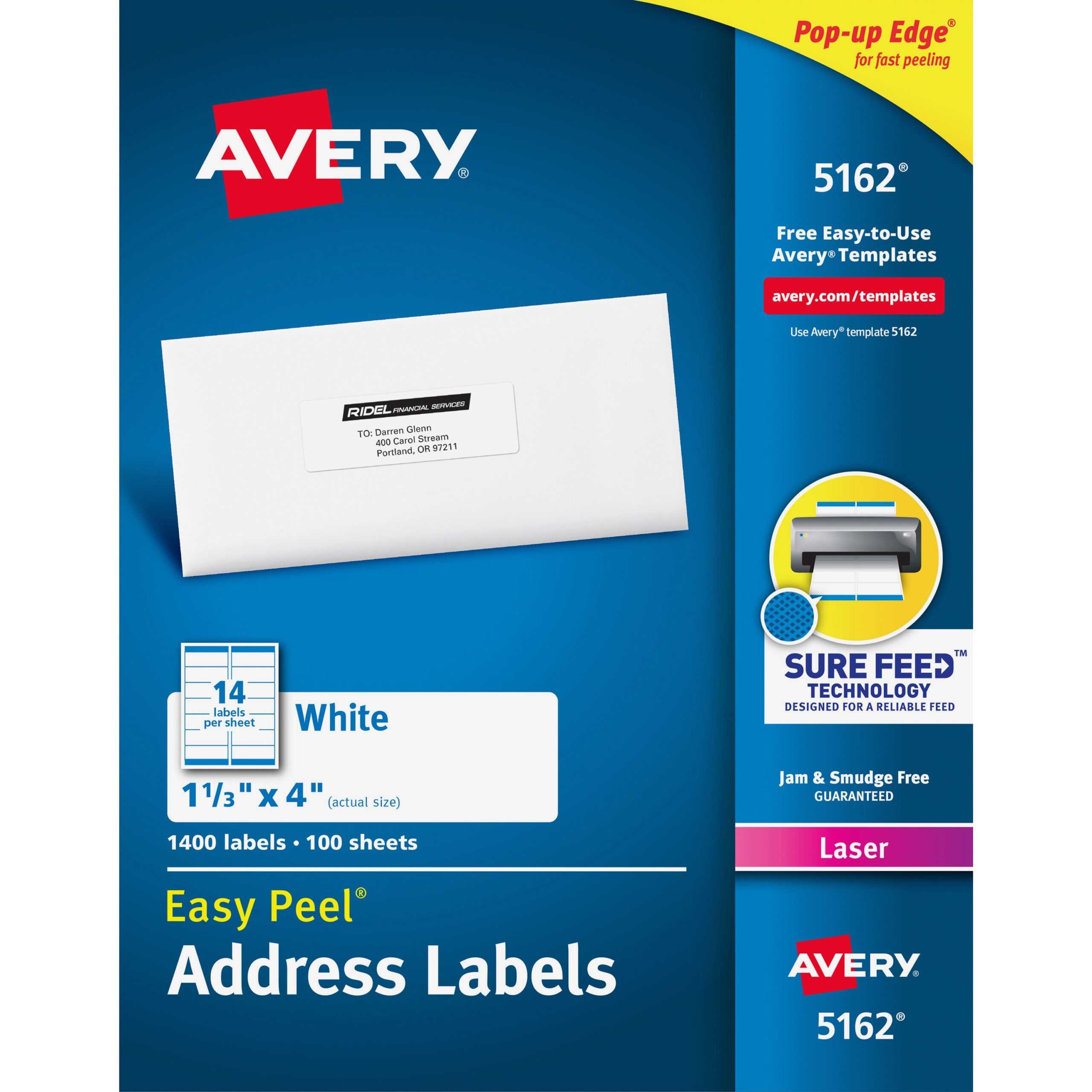 Avery® Easy Peel(R) Address Labels, Sure Feed(Tm) Technology, Permanent  Adhesive, 1 1/3" X 4", 1,400 Labels (5162) – Permanent Adhesive – 4" Width  X 1 Throughout Label Template 21 Per Sheet Word