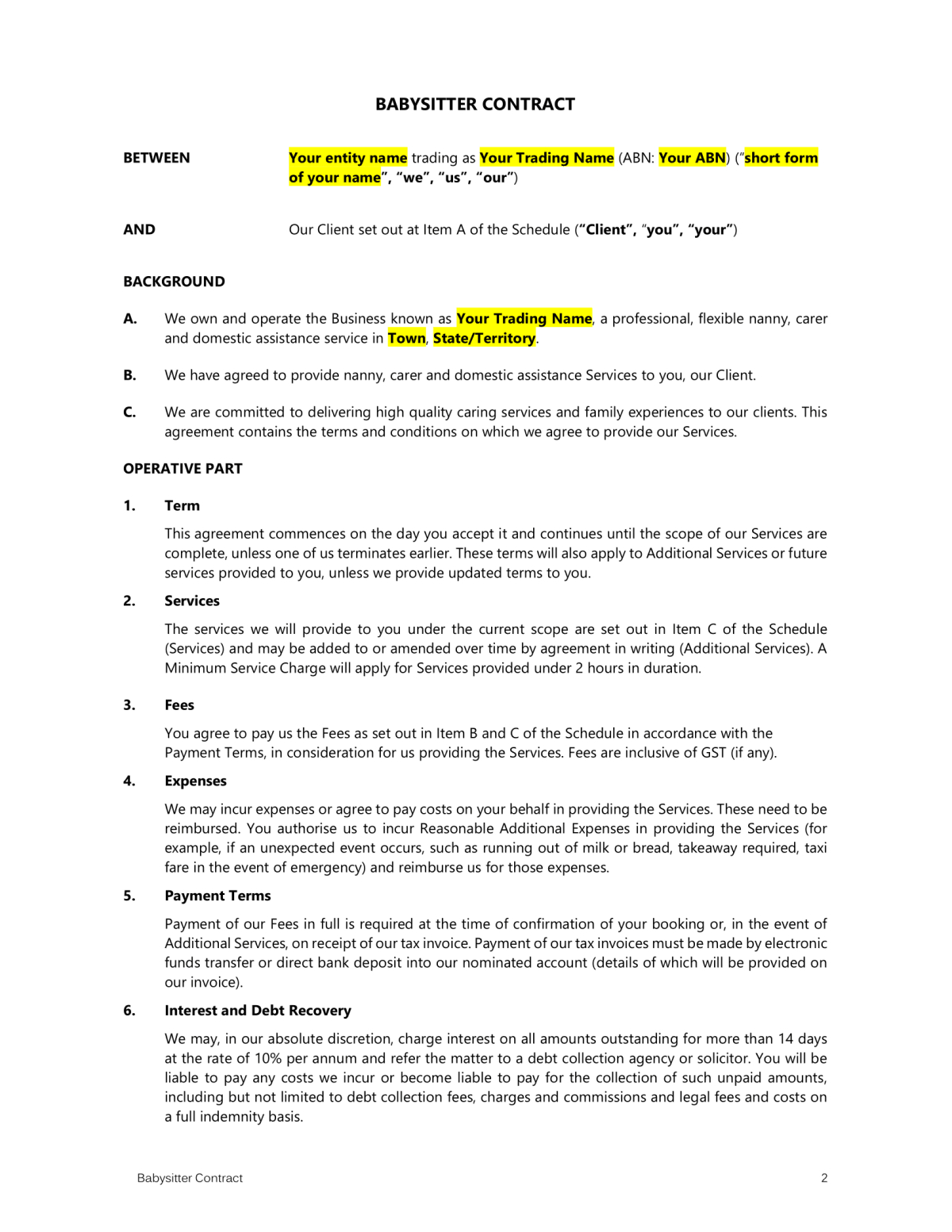 Babysitter Contract Template – Easy Legal Templates Throughout Nanny Contract Template Word