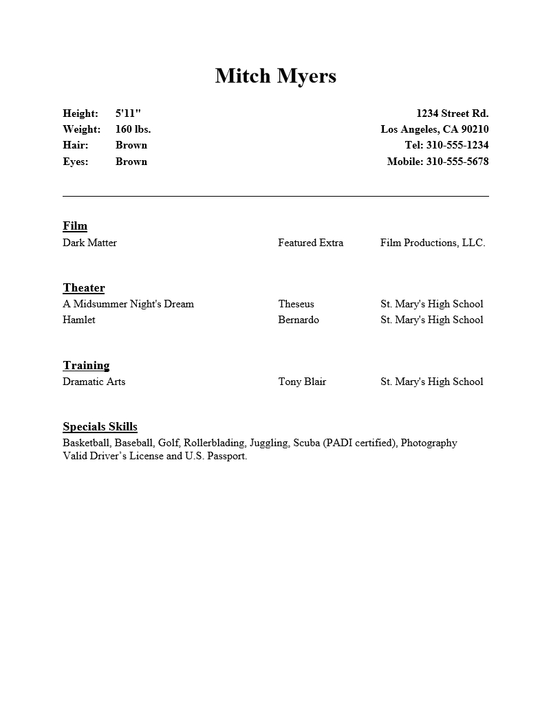 Beginning Actor Resumes – Dalep.midnightpig.co Pertaining To Theatrical Resume Template Word