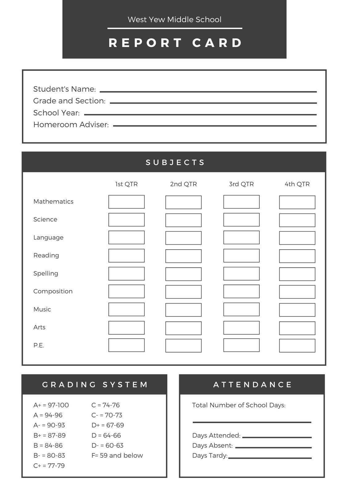 Black White Middle School Report Card – Templatescanva Throughout Middle School Report Card Template