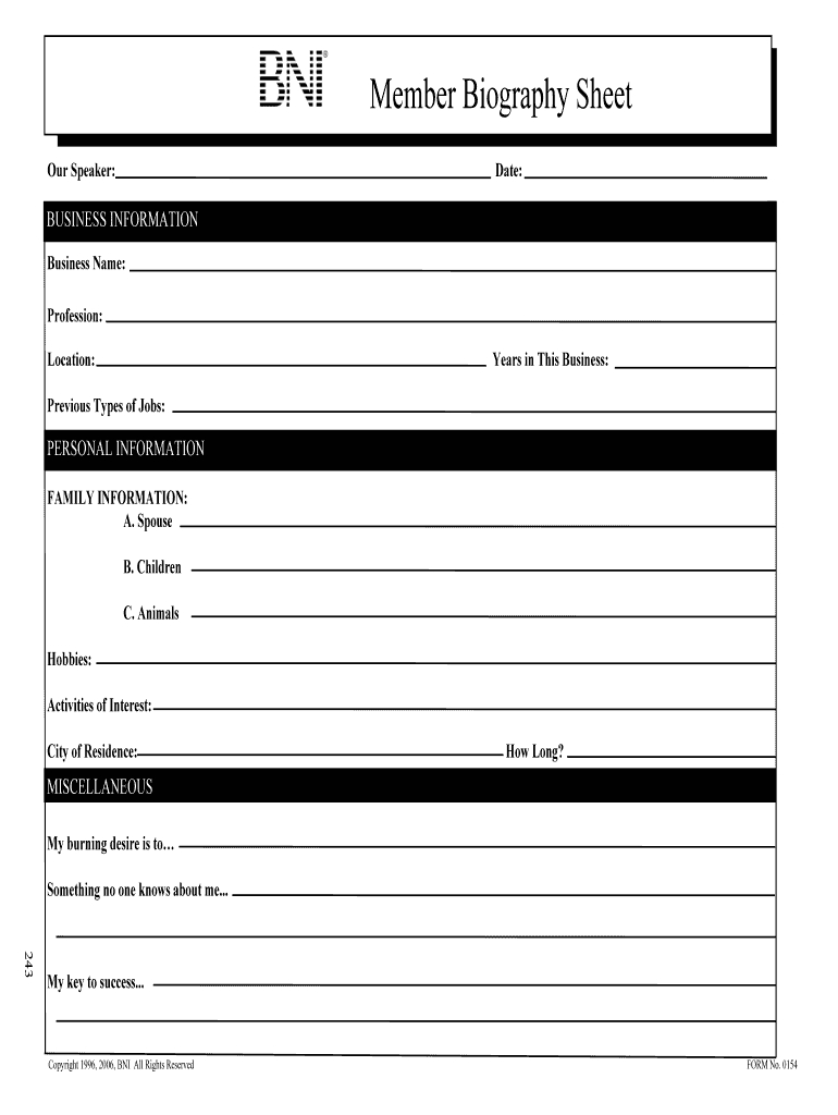 Bni Bio Sheet – Fill Online, Printable, Fillable, Blank Throughout Free Bio Template Fill In Blank
