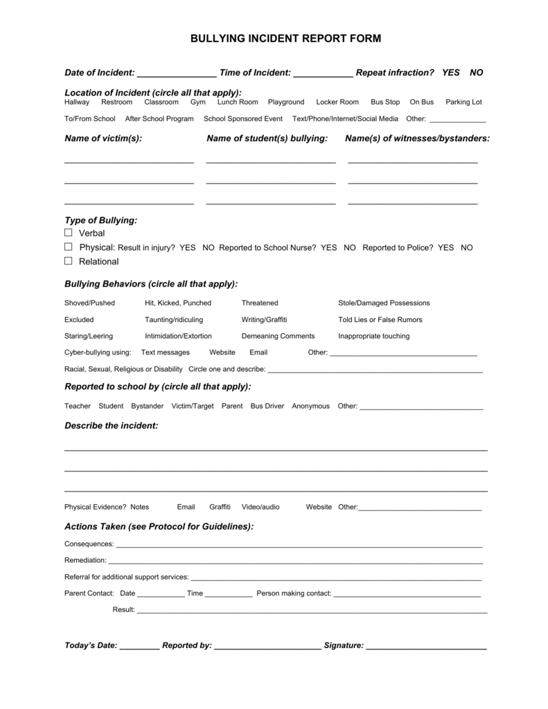 Bullying Incident Report Template – Dalep.midnightpig.co Pertaining To Itil Incident Report Form Template