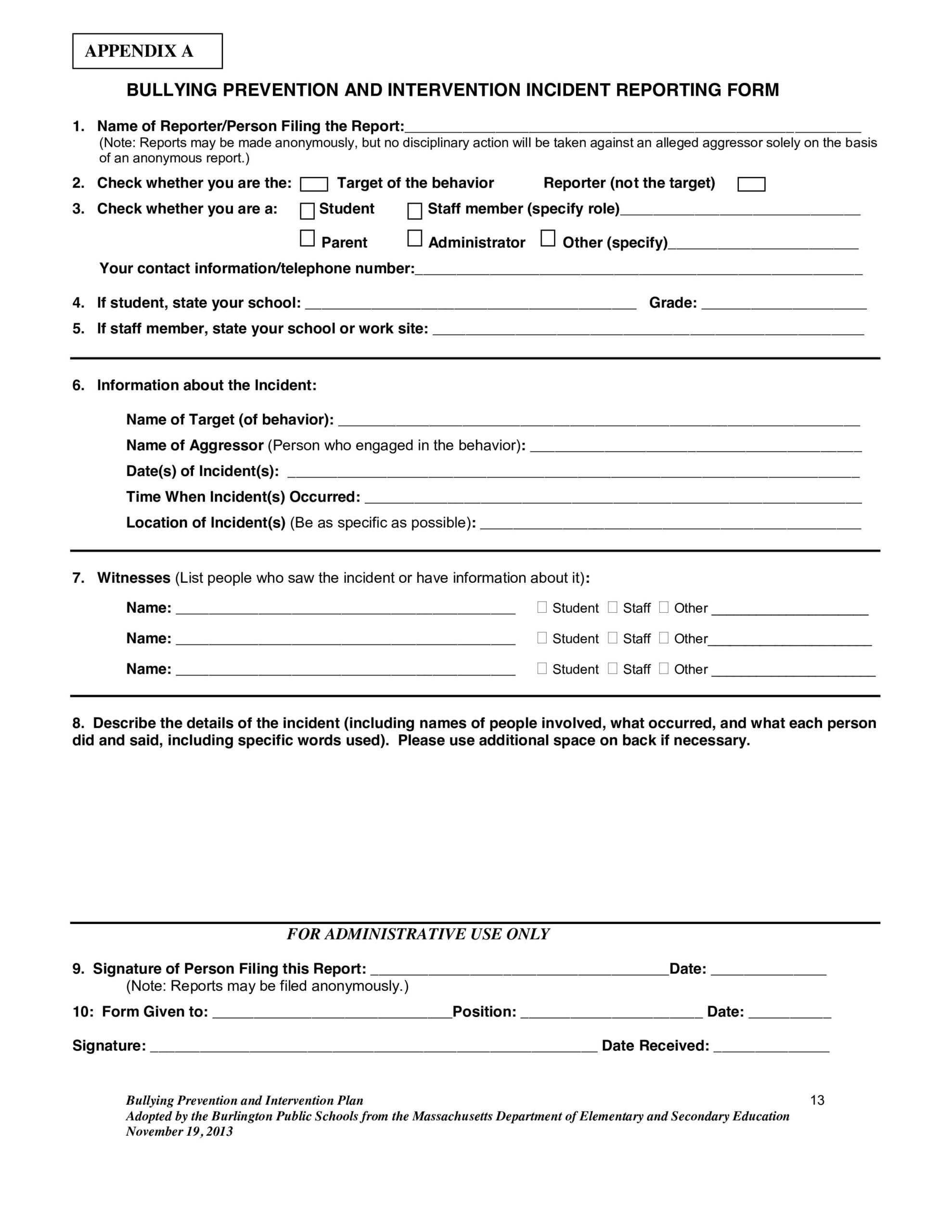 Bullying Incident Report Template – Dalep.midnightpig.co Regarding School Incident Report Template