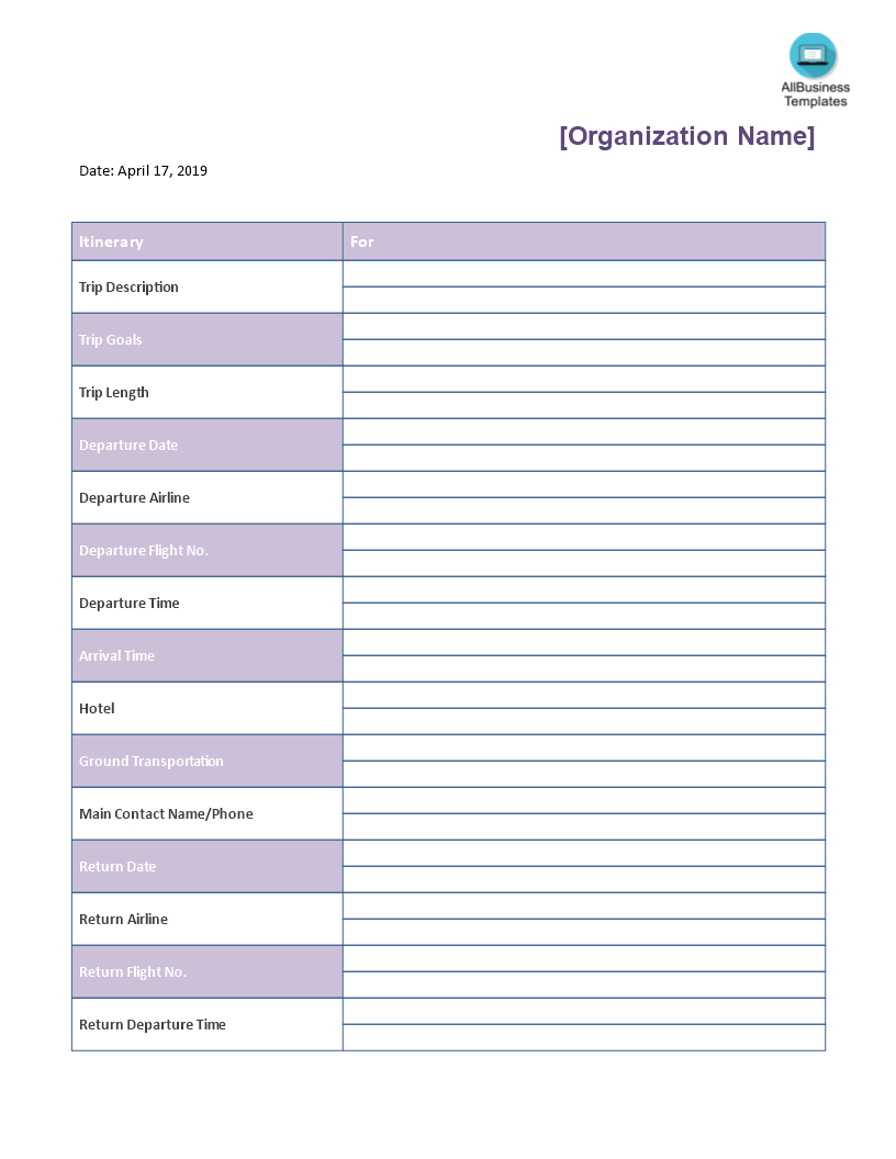 Business Trip Itinerary Template In Word | Templates At In Blank Trip Itinerary Template