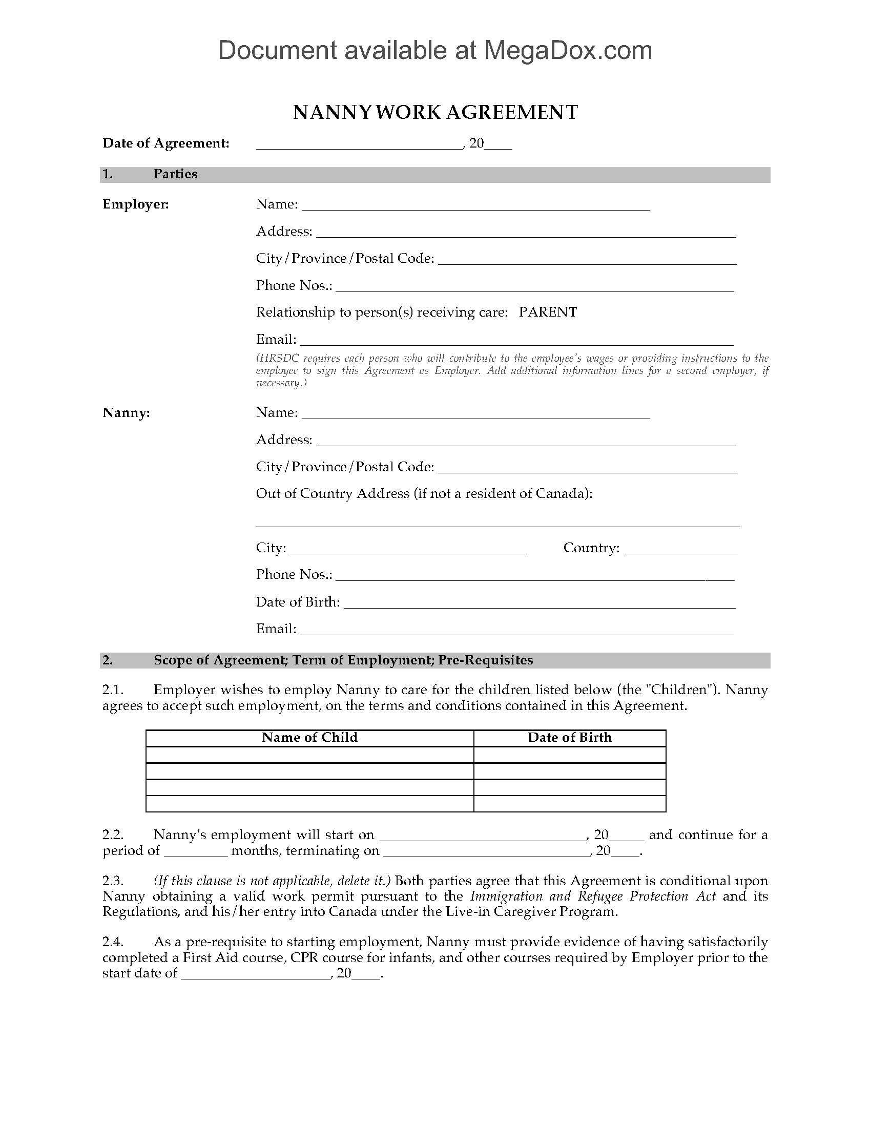 Canada Nanny Employment Agreement With Nanny Contract Template Word