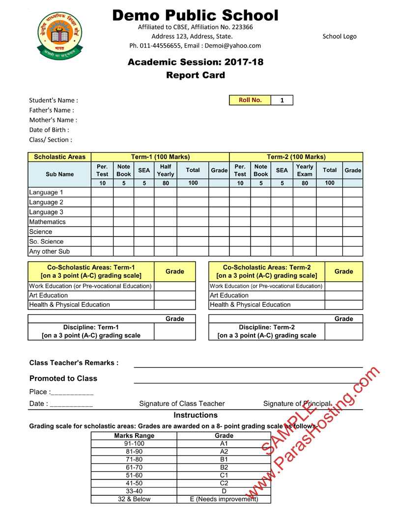 Cbse Report Card Format For Primary Classes  I To V Intended For High School Student Report Card Template