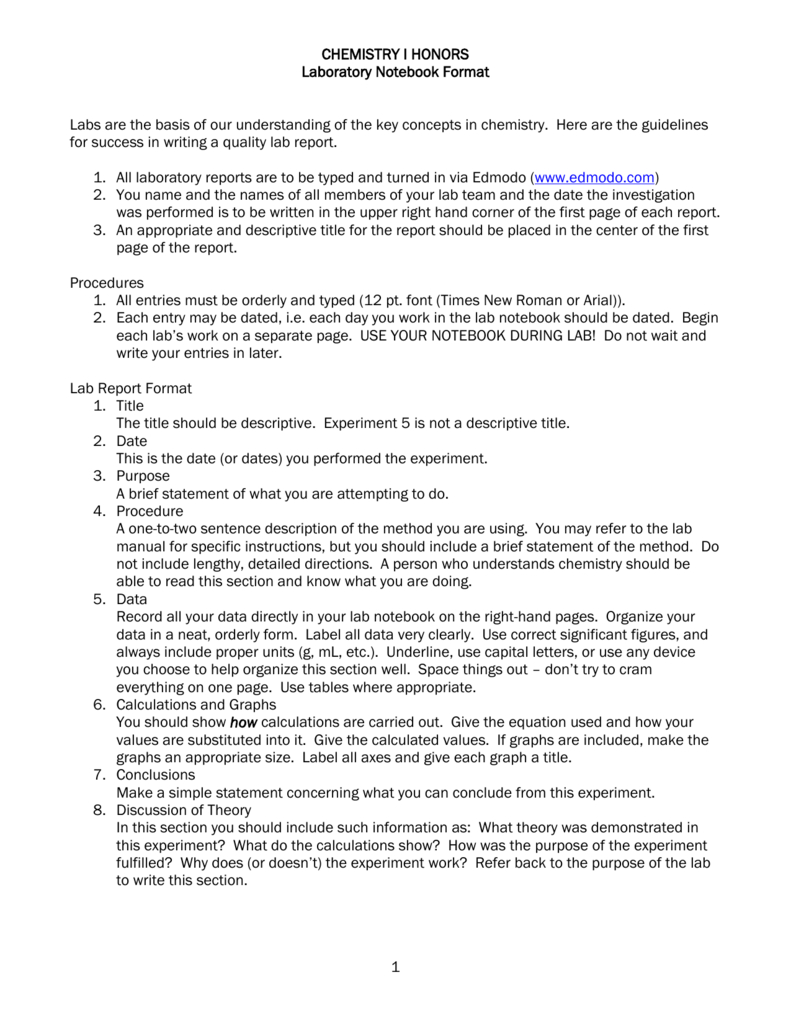 Chemistry I Honors Lab Report Format Regarding Chemistry Lab Report Template