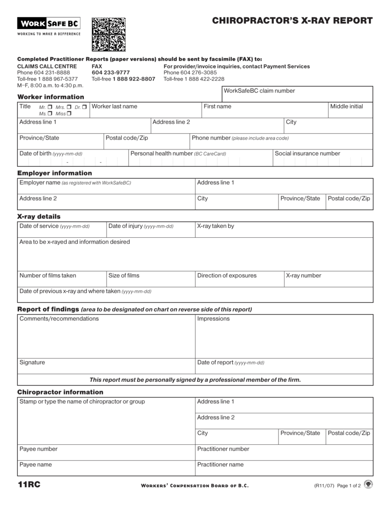 Chiropractor's X Ray Report (Form 11Rc) For Chiropractic X Ray Report Template