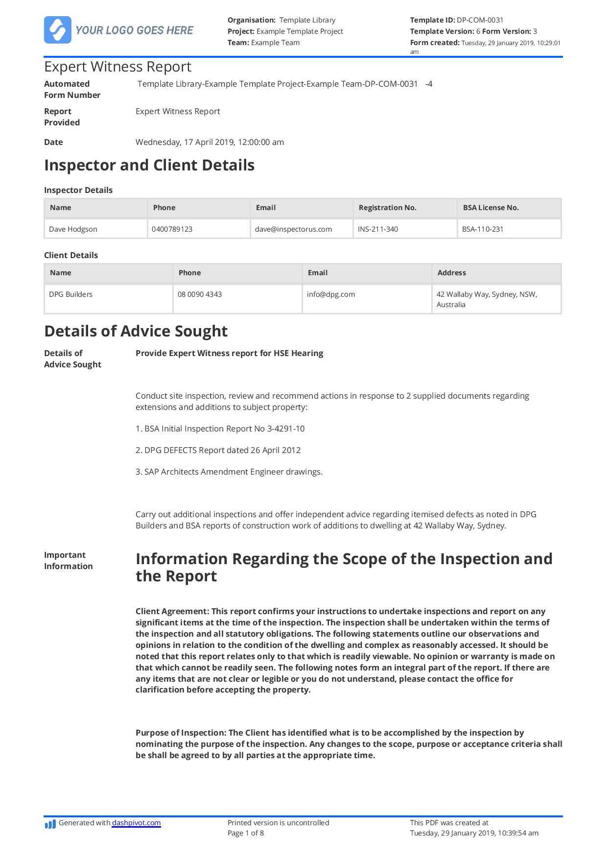 Construction Expert Witness Report Example And Editable Template For Report Content Page Template