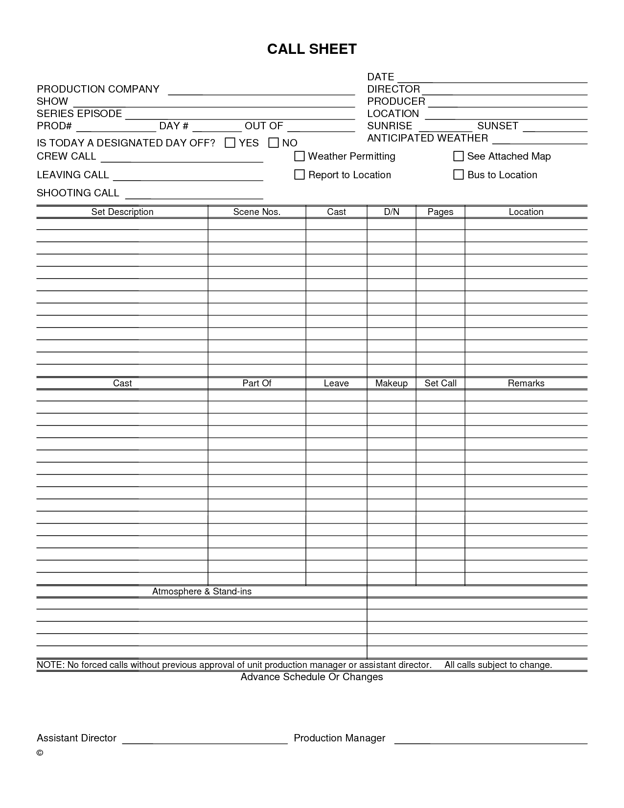 Creative Free Film Production Call Sheet Template Design With Regard To Blank Call Sheet Template
