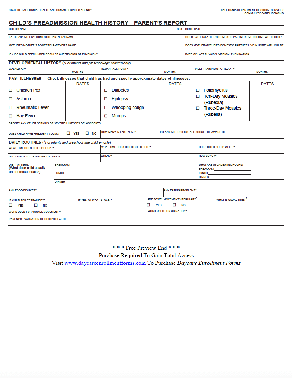 Daycare Enrollment Forms: Child Care Registration Forms Within Daycare Infant Daily Report Template