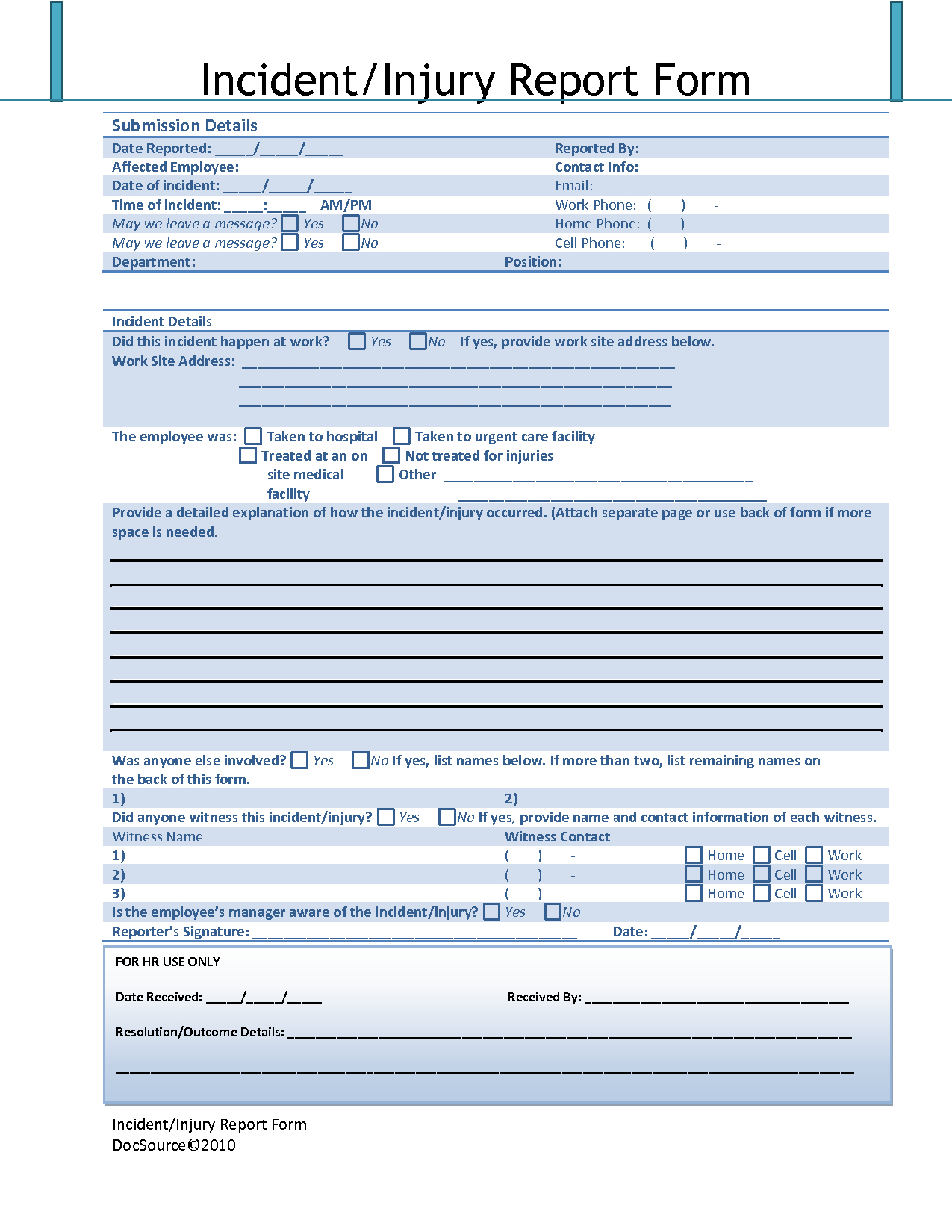 Effective Accident Injury Report Form Template With Blue For Incident Report Form Template Word