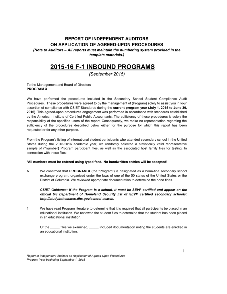 F-1 Compliance Audit Report for Agreed Upon Procedures Report Template F 1 Compliance Audit Report For Agreed Upon Procedures Report Template