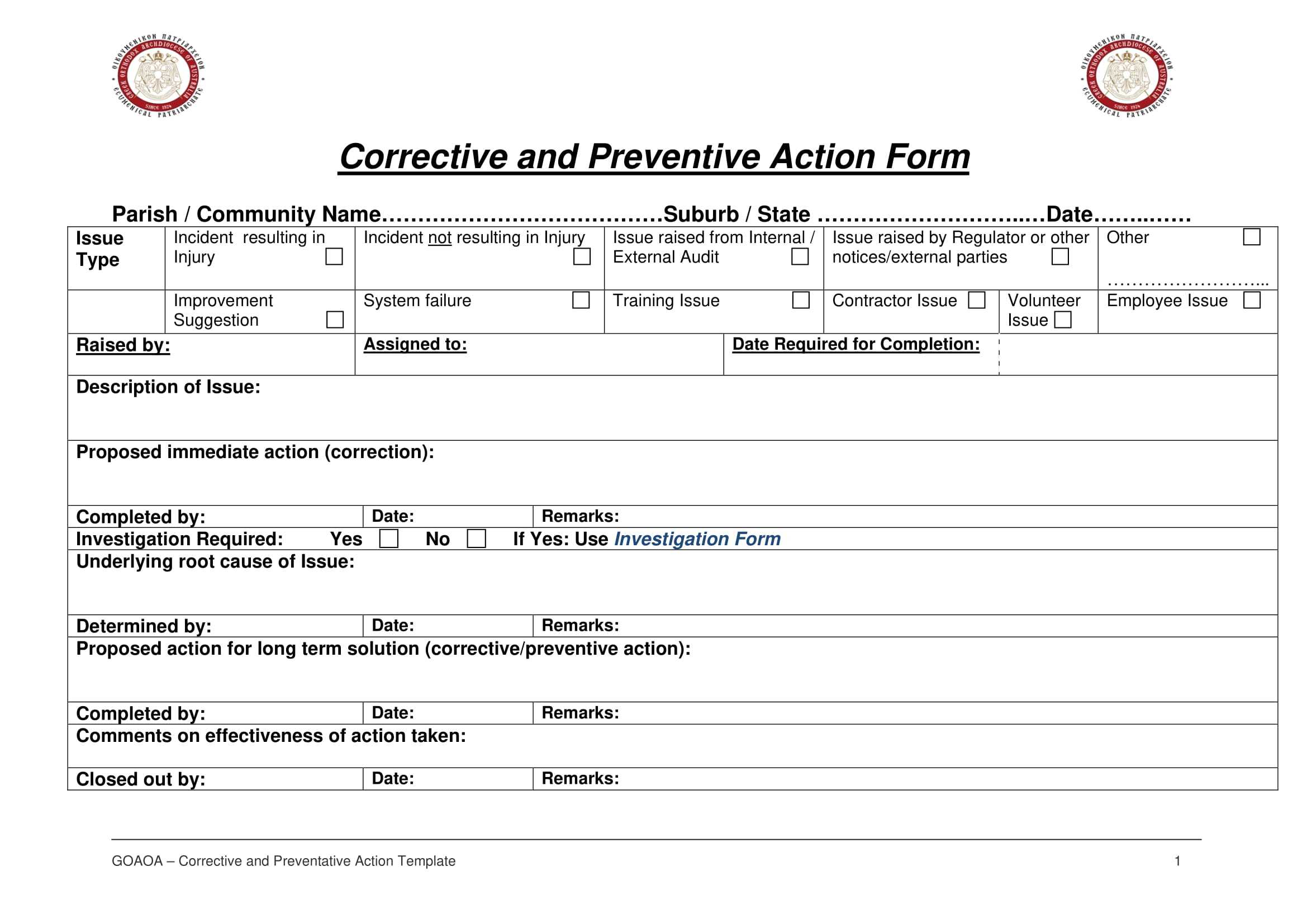 Corrective Action Report Printable Form Printable Forms Free Online