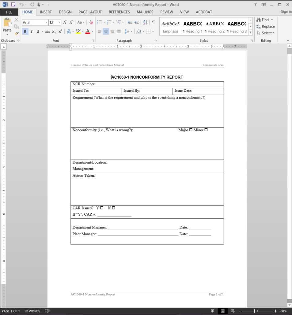Financial Nonconformity Report Template | Ac1060 1 With Non Conformance Report Form Template