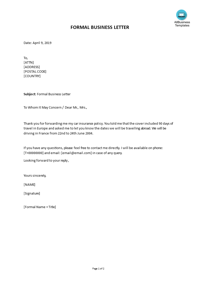 Formal Business Letter In Word | Templates At With Microsoft Word Business Letter Template