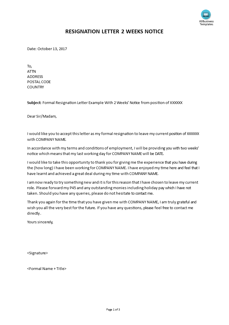 Formal Resignation Letter With 2 Weeks Notice | Templates At Inside Two Week Notice Template Word