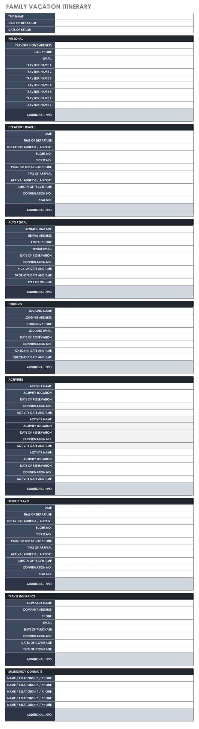 Free Itinerary Templates | Smartsheet With Regard To Blank Trip Itinerary Template