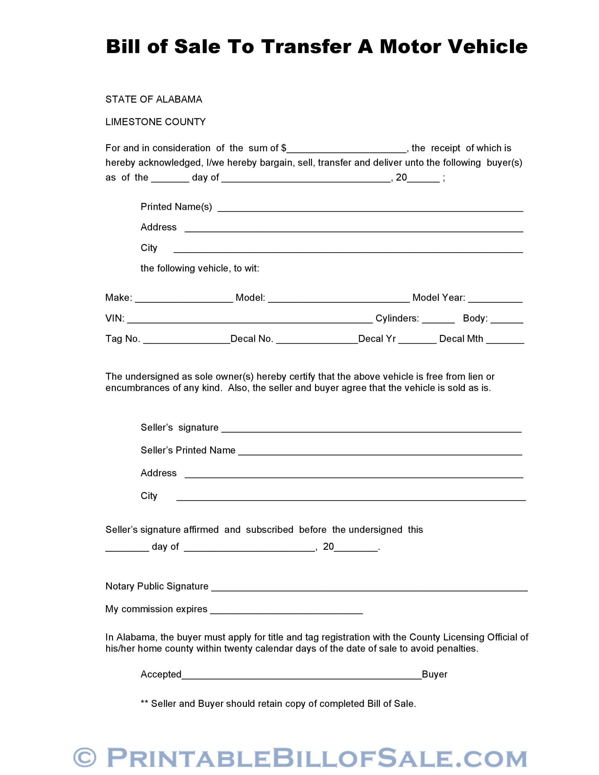Free Limestone County Alabama Vehicle Bill Of Sale Form Throughout Vehicle Bill Of Sale Template Word