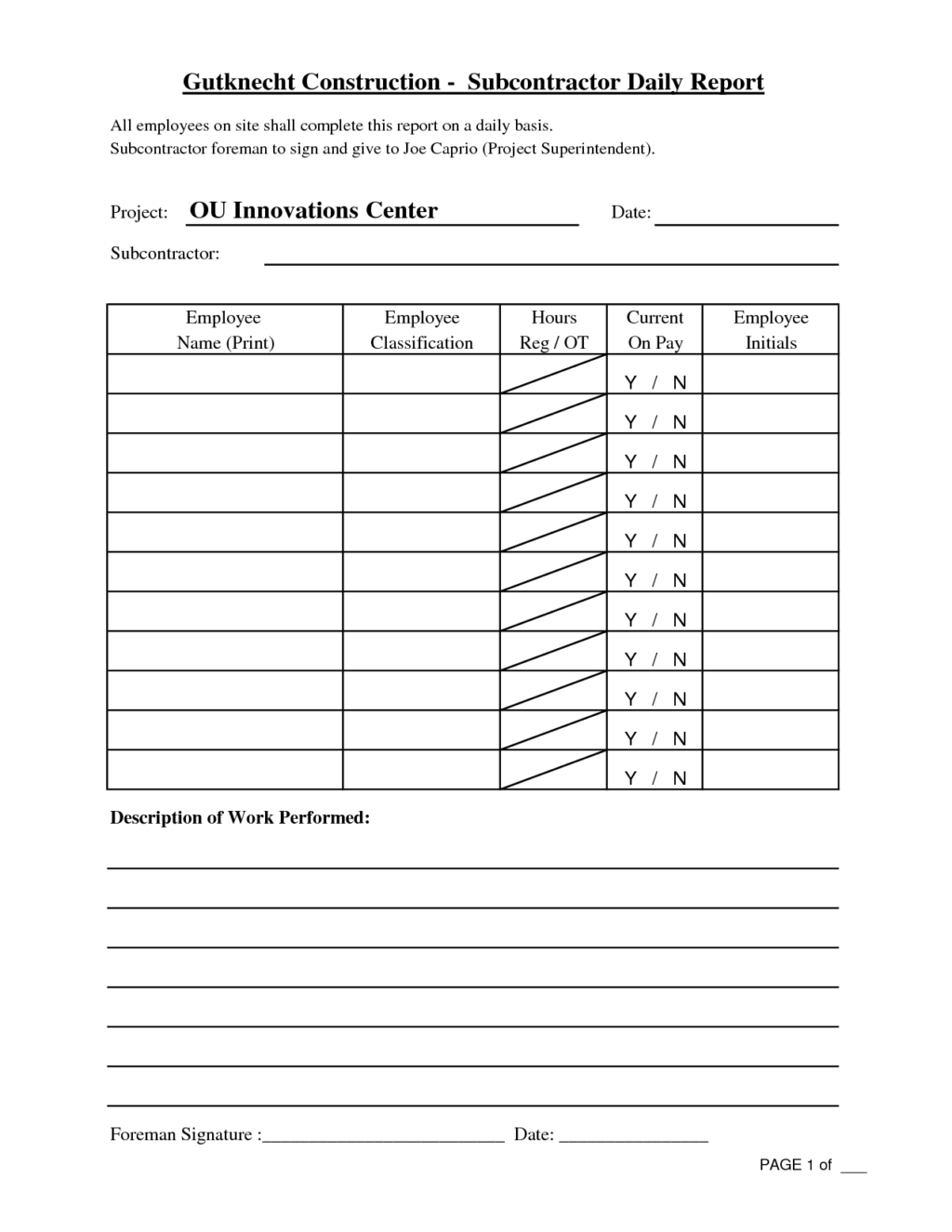 Free Printable Construction Daily Work Report Template With Superintendent Daily Report Template