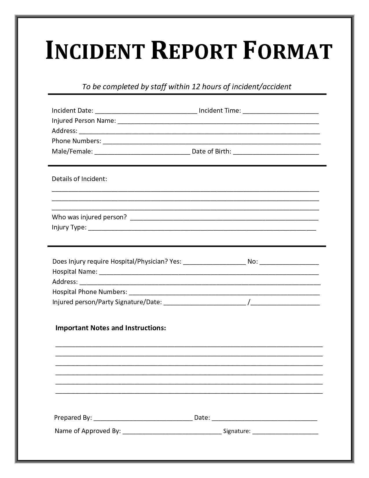 Free Printable Incident Report Format And Template For For Employee Incident Report Templates
