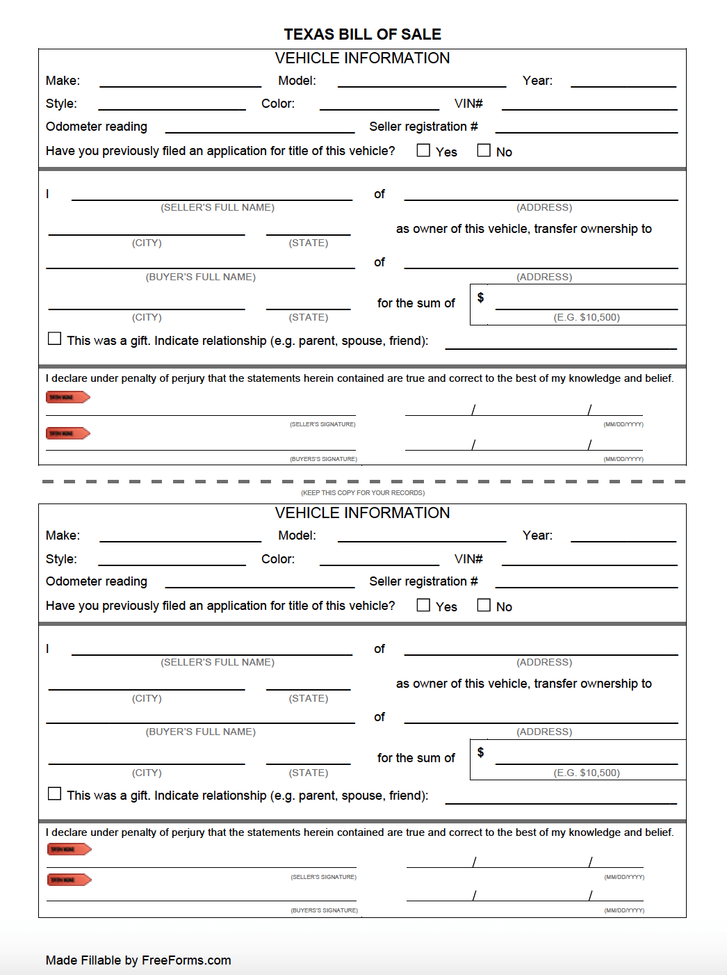 Free Texas Bill Of Sale Forms | Pdf Throughout Car Bill Of Sale Word Template