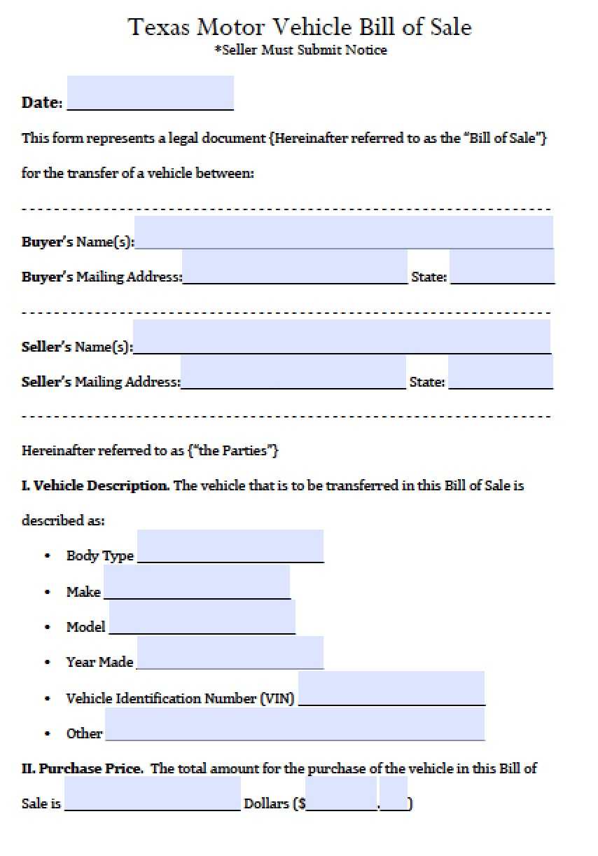 Free Texas Motor Vehicle Bill Of Sale Form | Pdf | Word (.doc) With Car Bill Of Sale Word Template