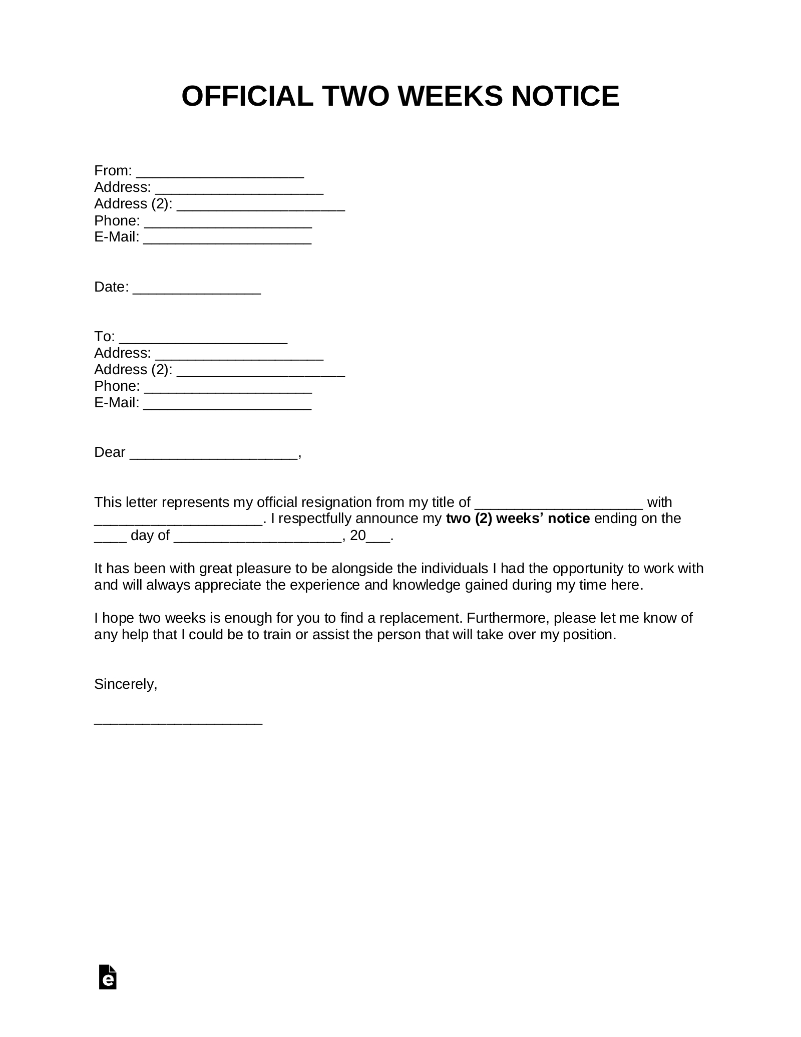 Free Two Weeks Notice Letter | Templates & Samples – Pdf Within Two Week Notice Template Word