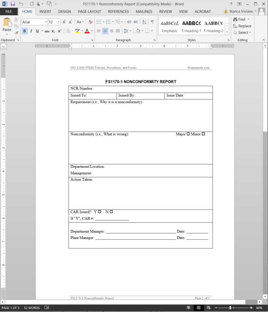 Fsms Nonconformity Report Template | Fds1170 1 Inside Internal Audit Report Template Iso 9001