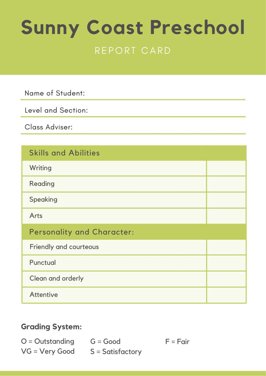 Green Preschool Report Card – Templatescanva Regarding Boyfriend Report Card Template