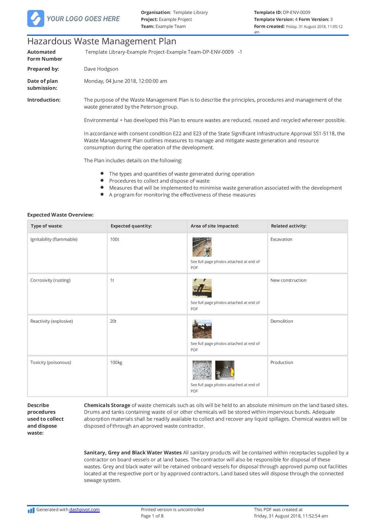 Hazardous Waste Management Plan Template - Free And Editable Within Waste Management Report Template