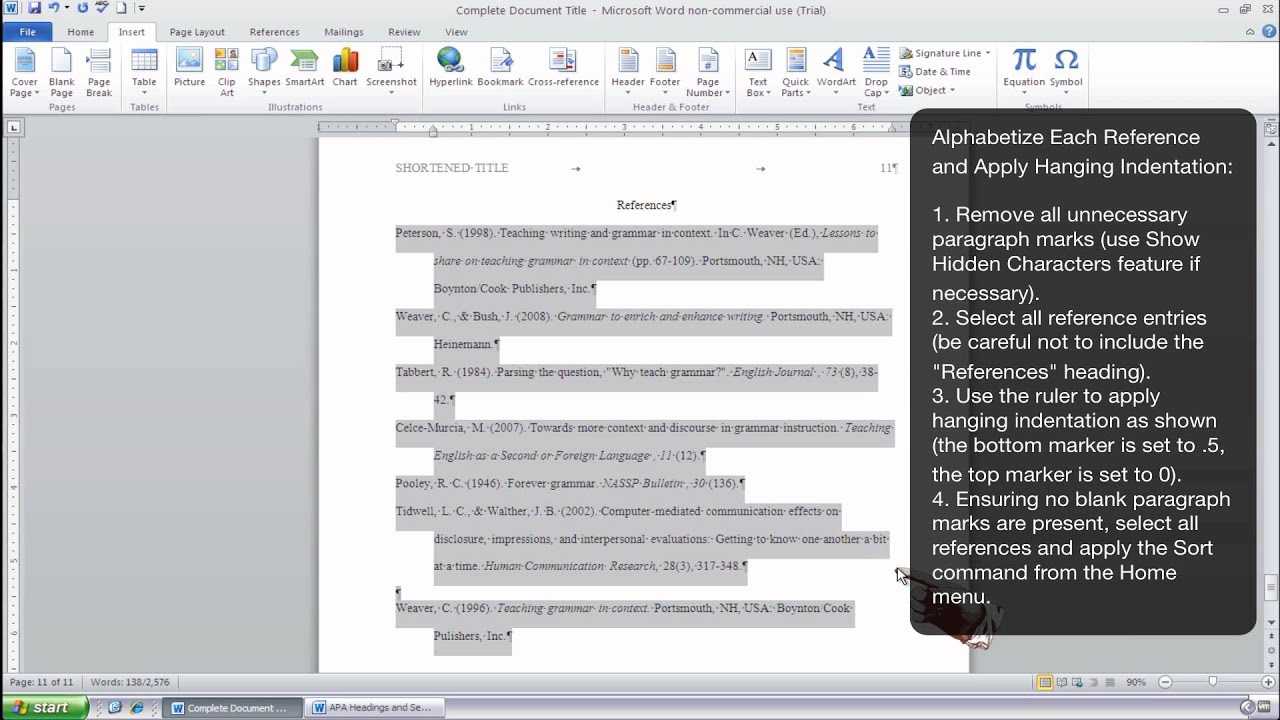 How To Format An Apa Style References Page Using Ms Word 2010 (Windows) With Apa Template For Word 2010