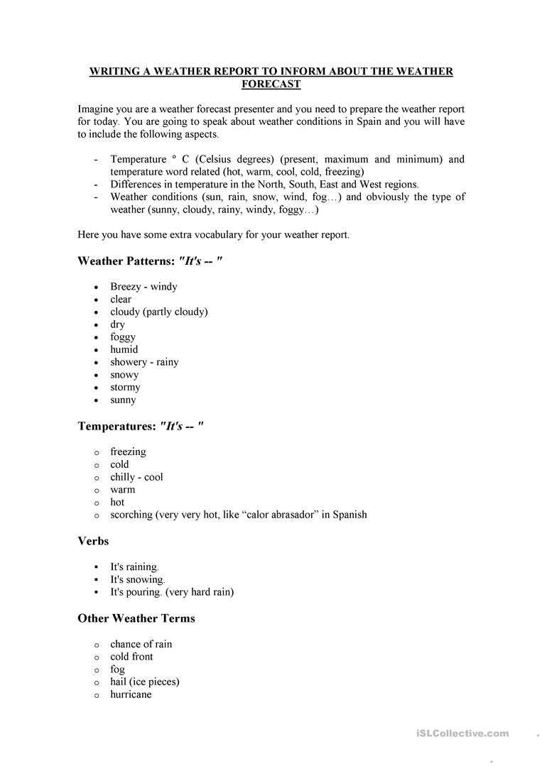 How To Write A Weather Report - English Esl Worksheets For Pertaining To Kids Weather Report Template