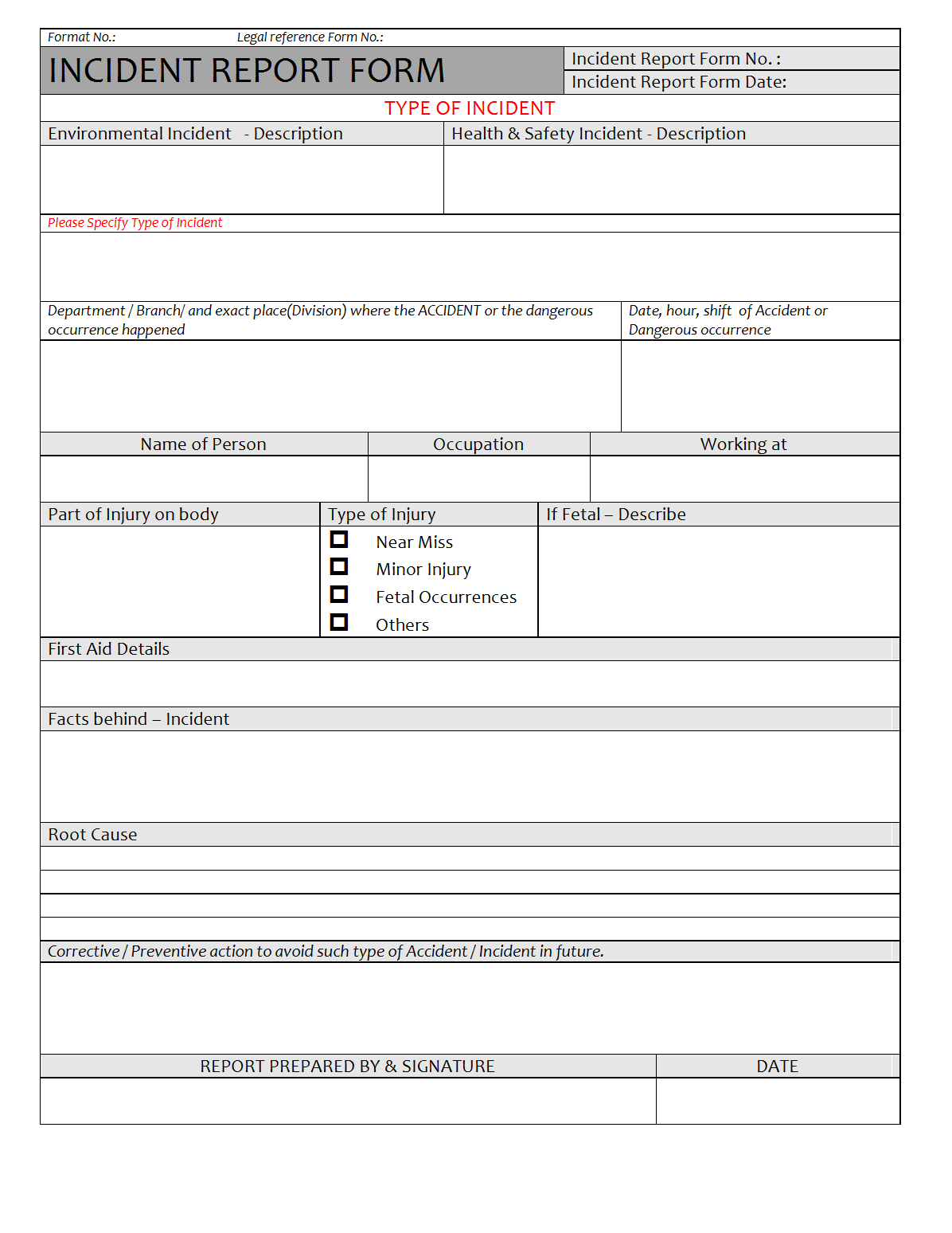 Incident Report Form – Regarding Health And Safety Incident Report Form Template