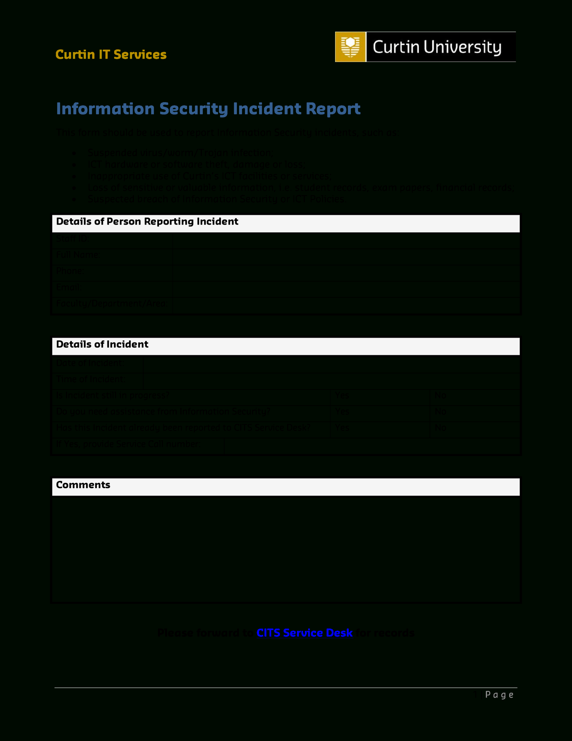 Information Security Incident Report Form – Dalep.midnightpig.co Intended For Computer Incident Report Template