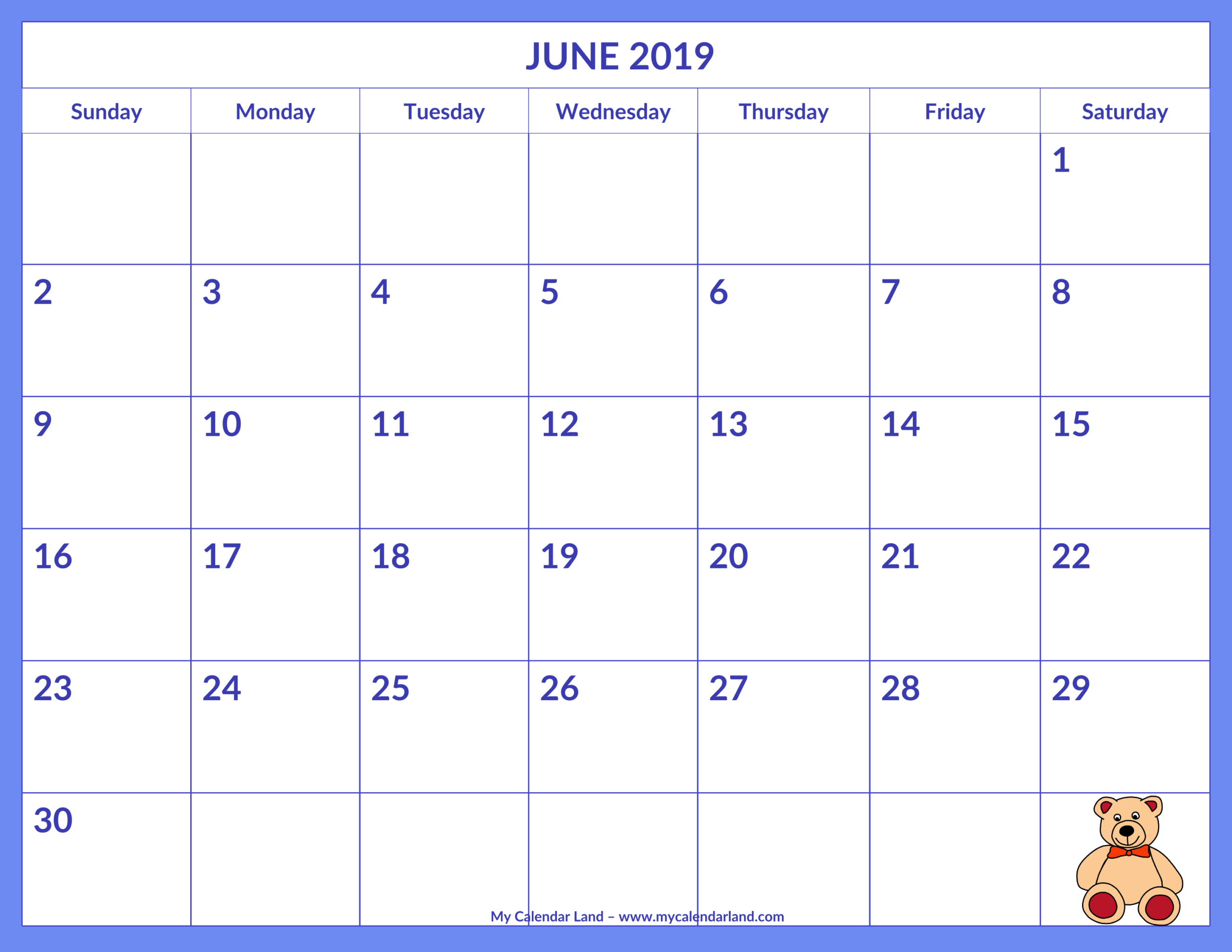June 2019 Calendar – My Calendar Land In Blank Calendar Template For Kids