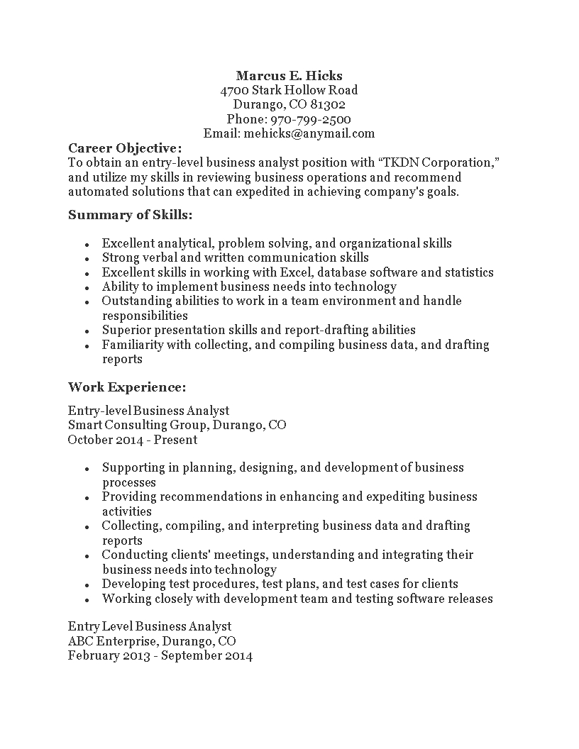 Kostenloses Entry Level Business Analyst Resume Throughout Business Analyst Report Template