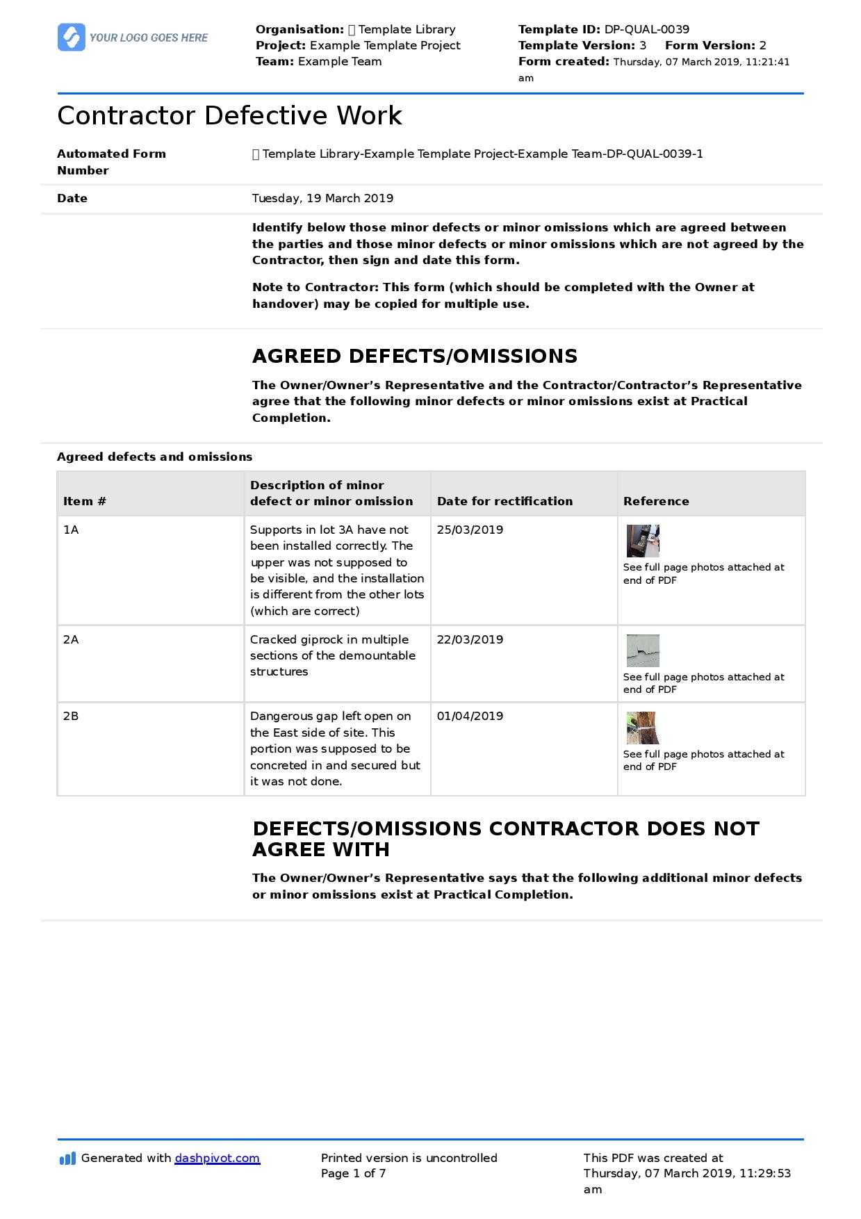 Letter To Contractor For Defective Work: Sample Letter And within Construction Deficiency Report Template Letter To Contractor For Defective Work: Sample Letter And Within Construction Deficiency Report Template
