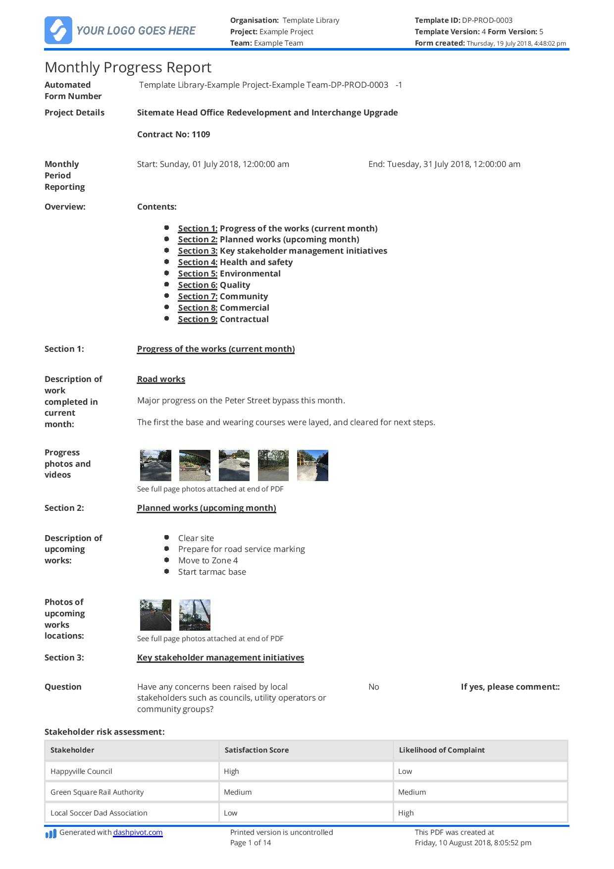Monthly Construction Progress Report Template: Use This For Monthly Project Progress Report Template