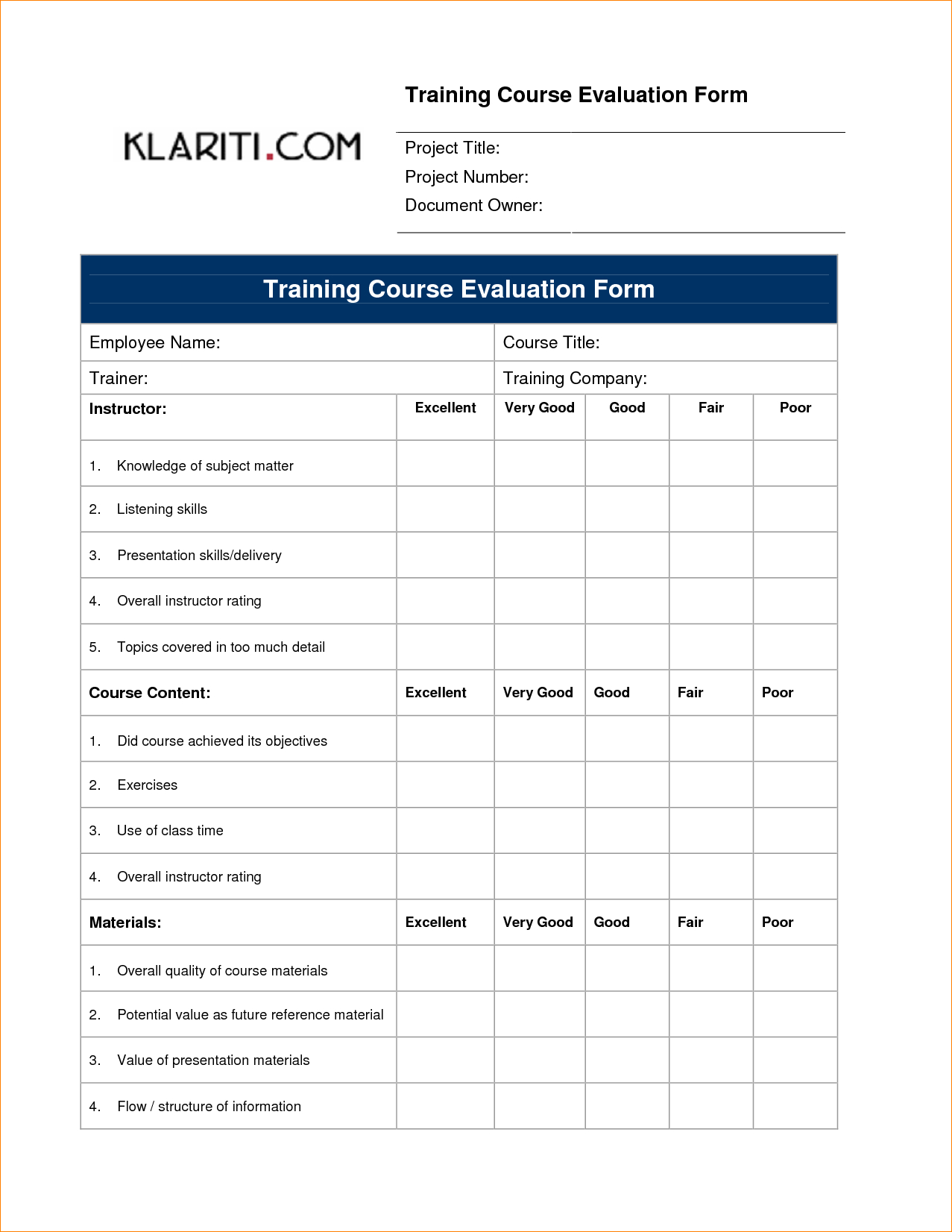 Nice Feedback Form Template For Training Evaluation With Regard To Blank Evaluation Form Template