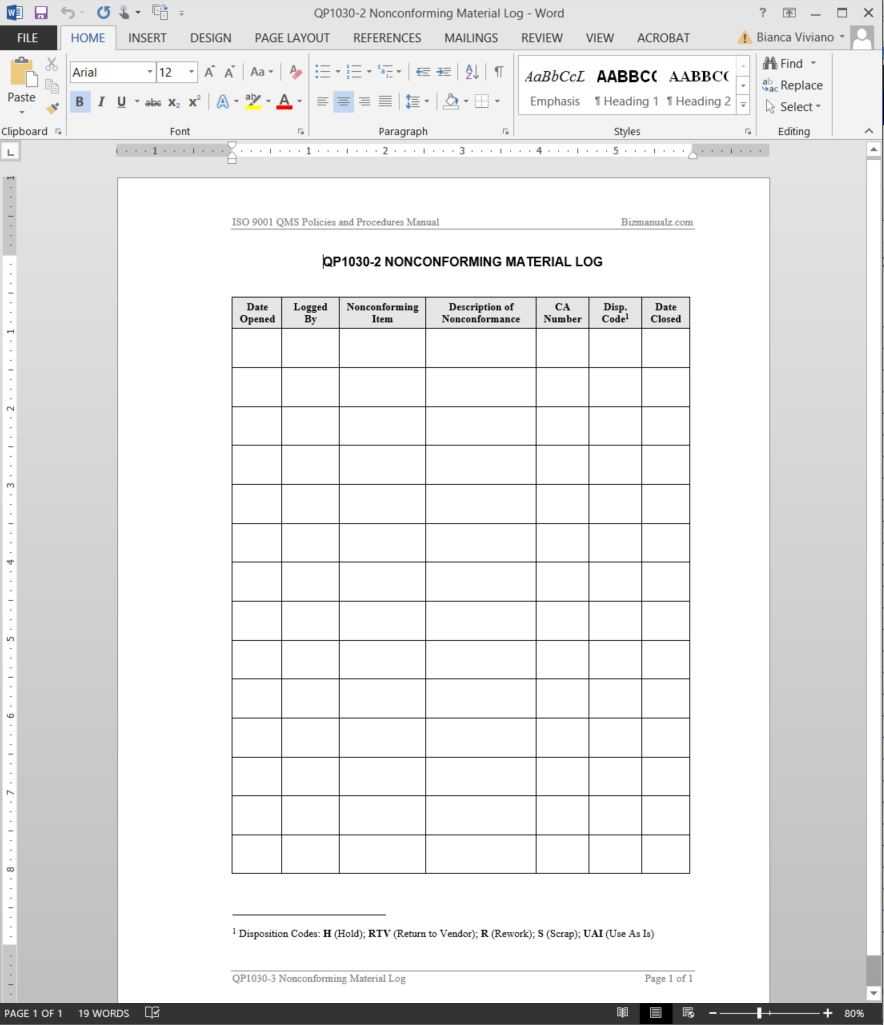 Nonconforming Material Log Iso Template | Qp1030 2 With Regard To Non Conformance Report Form Template