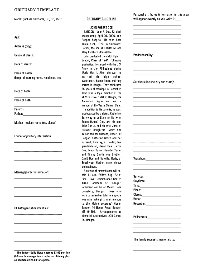 Obituary Template - Fill Online, Printable, Fillable, Blank Inside Fill In The Blank Obituary Template