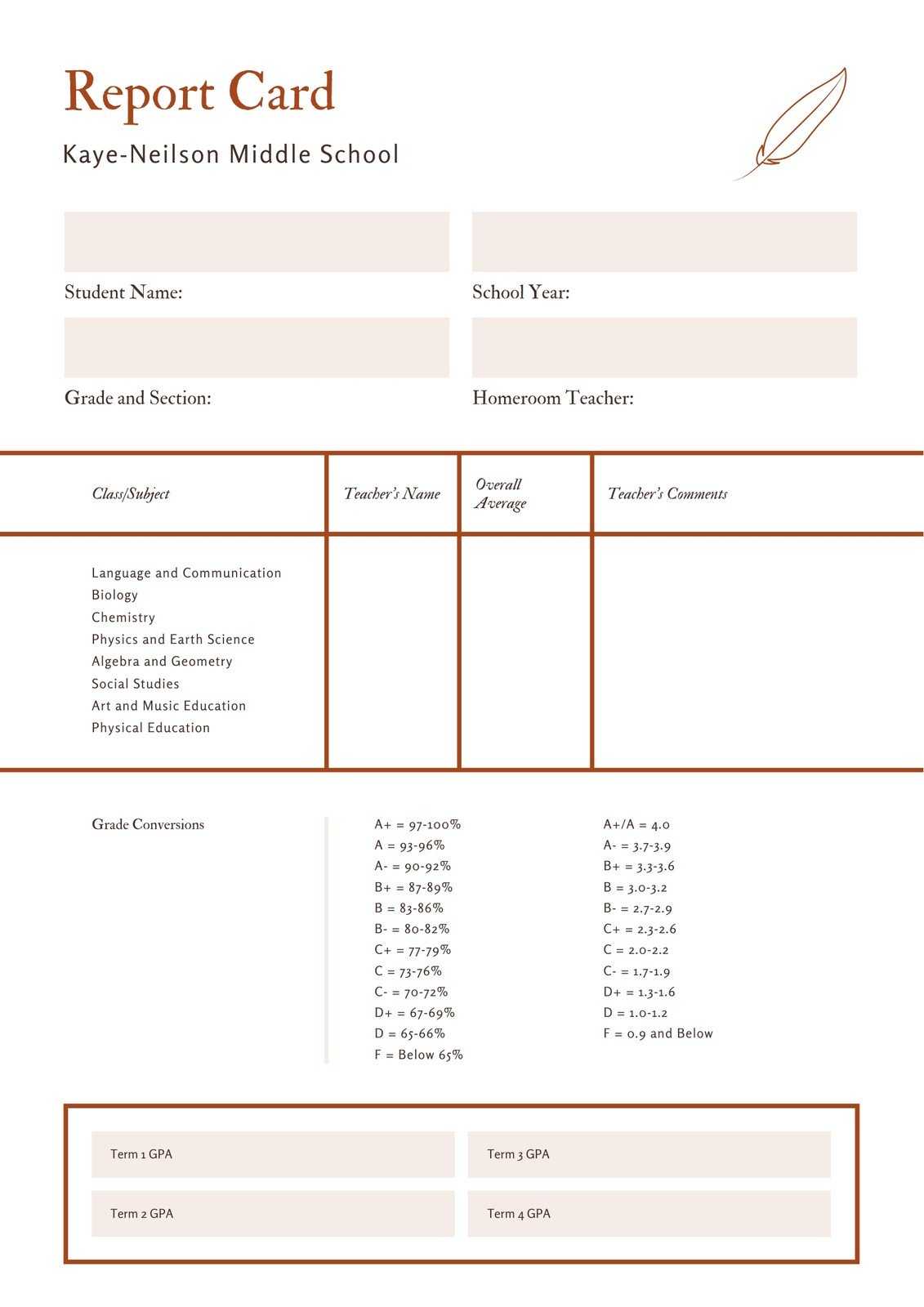 Orange And White Paper And Quill Middle School Report Card Throughout Middle School Report Card Template